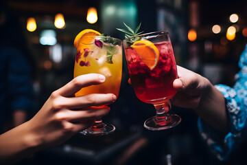 close up of People hands toasting multicolour fancy drinks. Young friends having fun together drinking cocktails at happy hour. Social gathering party time concept
