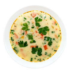 Plate with chicken soup on a white background. View from above