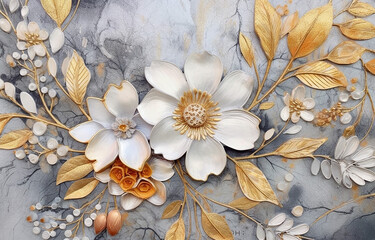 Modern abstract art. Watercolor floral illustration. Golden elements, watercolor painting, children's wallpaper. Hand drawn plants. Tropical, flowers. leaf. Prints, wallpapers, posters, cards, murals