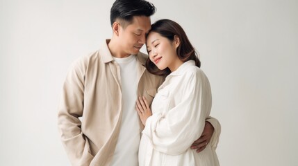 A young Asian expectant couple is in a joyful studio pose. Generative AI