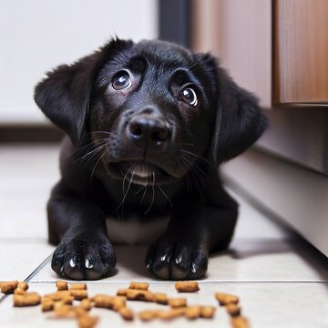 puppy with his puppy eyes waiting for his kibbles in the kitchen