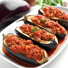 Turkish stuffed eggplants with ground beef and vegetables baked with tomato sauce on white background