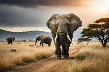 Fototapeta na wymiar African adult male elephant walking in bushes in Serengeti National Park