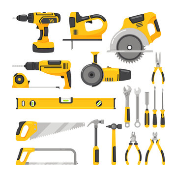 construction and builder tool collection - Set of different tools used for construction and repairing. vector color illustration
