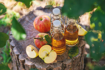 Apple cider vinegar in the garden. Selective focus.