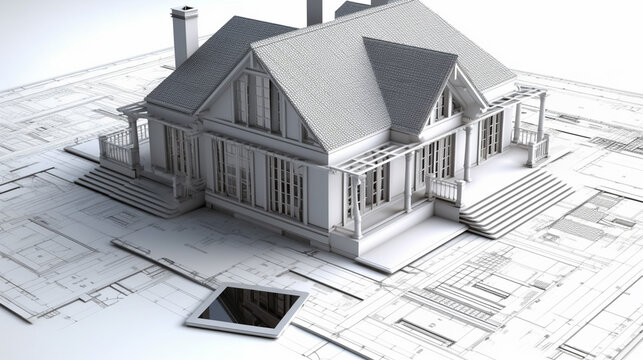 House model on a tablet computer over architectural plans. 3D illustration.