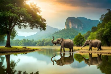 elephant in the river at sunset