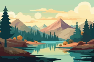 Foto op Canvas a mountain scenery with a river and trees, beautiful vector landscape illustration, outdoor travel adventure © SachiDesigns