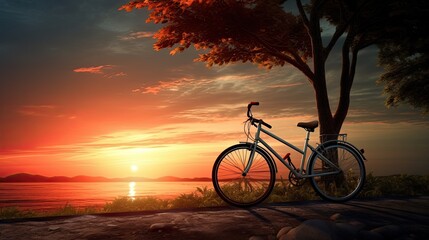 beautiful landscape image vintage bicycle parked by the river at sunset