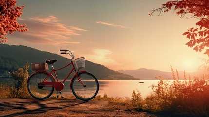 Fototapete Fahrrad beautiful landscape image vintage bicycle parked by the river at sunset