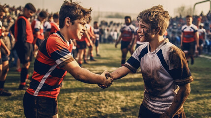 Young rugby players shaking hands in a stadium after a game. Generative AI - obrazy, fototapety, plakaty