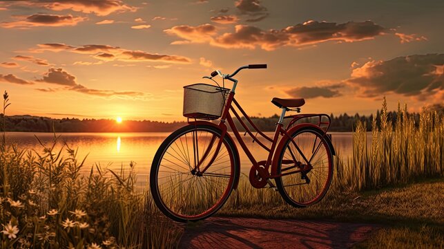 Red vintage bicycle parked by the river at sunset