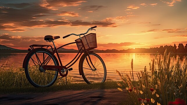 beautiful landscape image vintage bicycle parked by the river at sunset