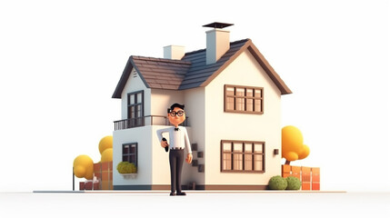 Real estate agent in front of a house. 3D illustration. generative ai