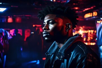a handsome young black man with a serious expression on his face in a dark nightclub