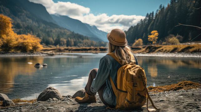 View Of Young Woman Traveler Sitting , Happy Woman Traveler Looking At Mountain Background , Created With Generate Ai Technology