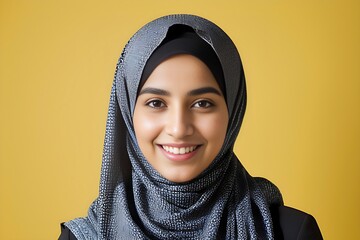 Portrait of a Graceful Muslim Model in Hijab for Advertising in yellow background