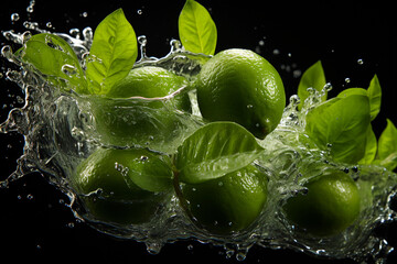 Fresh lime and slices splash in water dark background