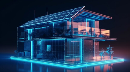 3D render of a house with a solar panel in the foreground blue light network connection generated ai