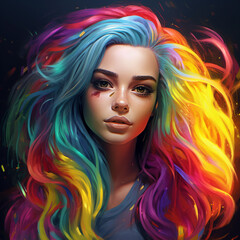 Obraz premium Beautiful woman in rainbow coloured hair portrait