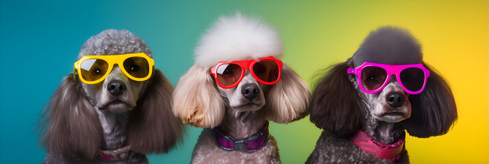 Fototapeta premium funny studio portrait of 3 poodles wearing colourful sunglasses