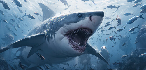 Disturbing great white shark illustrated from a real nightmare - Generative AI