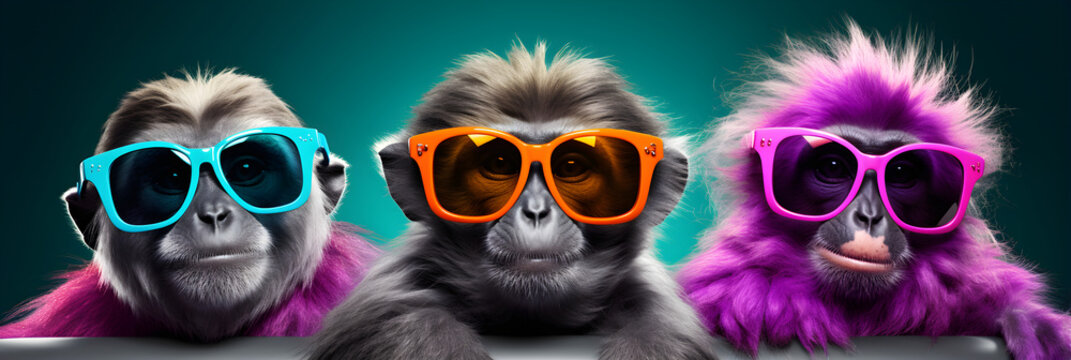 funny studio portrait of 3 monkeys wearing colourful sunglasses