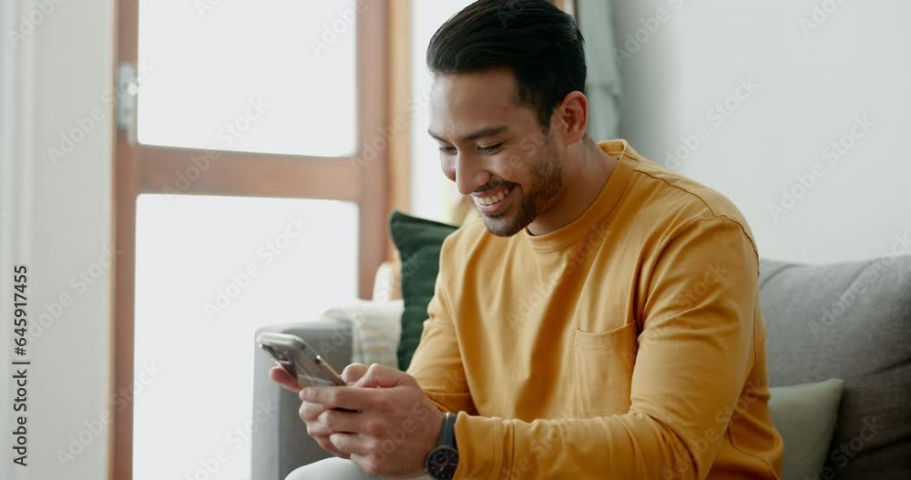 Aufkleber hands, man texting and phone at home with social media post, networking and online on a sofa. mobile