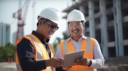 Civil engineer and construction worker manager holding digital tablet and blueprints ,They are looking to next construction phase, cooperation teamwork concept.