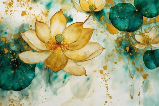 Watercolor abstract background with yellow lotus flowers and watercolor stains generative ai