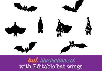Editable pooky cute and fun halloween black bat with eyes, flying ,hanging upside down, spreading and folding wings vector illustration cartoon icon set for background. with editable wings and strokes