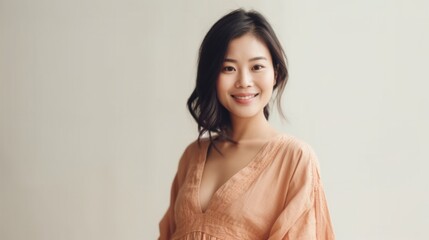 Obraz premium A radiant Asian pregnant woman, full of happiness, in a studio setting. Generative AI