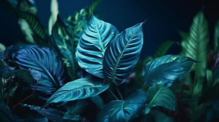 Fototapeta na wymiar Close up of green leaves with dark blue background. Color toned generative ai