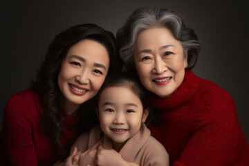 Group of Asian women, Asian family portrait, grandmother, mom, young daughter. Face of happy women smile together by generative with ai.