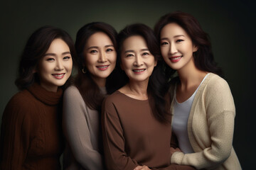 Obraz premium Group of Asian women, Asian family portrait, grandmother, mom, young daughter. Face of happy women smile together by generative with ai.