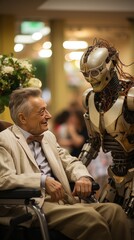 An elderly man sits in a wheelchair in a nursing home surrounded by other elderly people and robots.