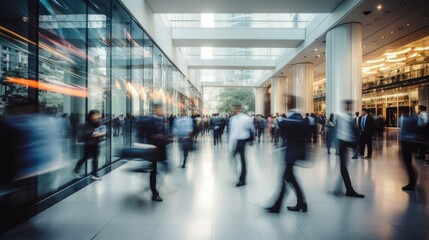 Long exposure shot of crowd of business people walking in bright office lobby fast moving with blurry, Generative Ai