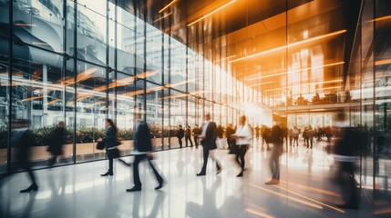 Fototapeta premium Long exposure shot of crowd of business people walking in bright office lobby fast moving with blurry, Generative Ai