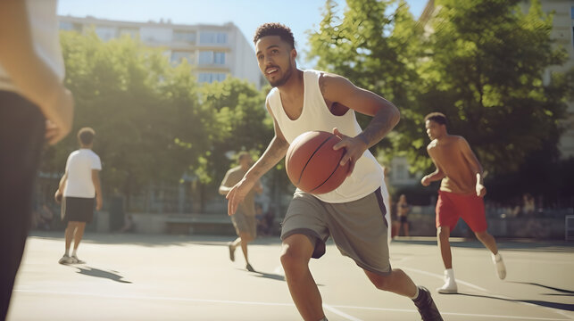 Young man playing basketball at the sport ground on a sunny day, sportsman with a ball over basketball court background. Outdoor courtyard sport concept