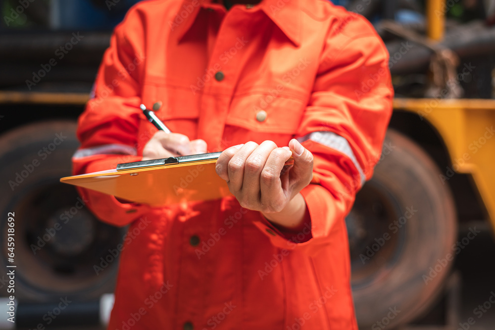 Wall mural a mechanical engineer is checking on heavy machine and equipment inspection checklist form with the 