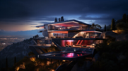 Modern architecture of home house. Glass futuristic building exterior of luxury villa at night