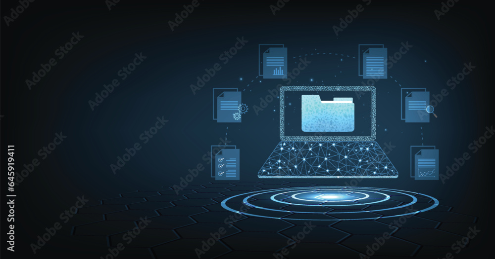 Poster Document management and digital document paperless operation concept. Document management and Data transfer through cloud technology with modern internet technology on the dark blue background.