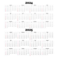 Calendar 2024, calendar 2025 week start Sunday corporate design planner template.