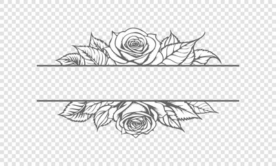 Vector graphic floral monochrome pattern. Flowers, leaves. Roses. Isolated background. Invitation or wedding card.