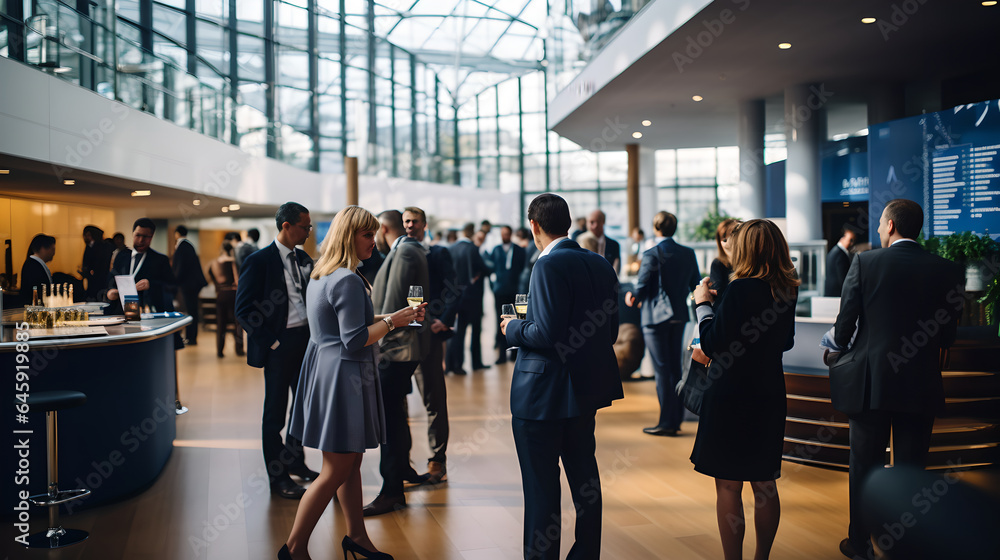 Wall mural delegates networking at conference drinks reception, group of business people talking at networking 