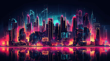 Futuristic abstract city background with skyscrapers and neon lights, illustration generative ai