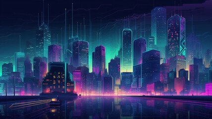 Fototapeta na wymiar Futuristic abstract city background with skyscrapers and neon lights, illustration generative ai