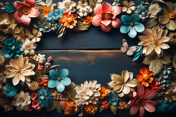 Obraz na płótnie Canvas Summer time concept with sea shells and flower on wooden background , AI generated.