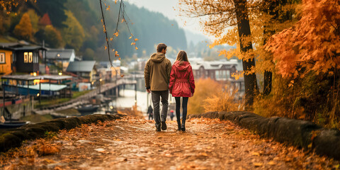 rear view of a couple in love holding hands and walking away in the golden yellow autumn countryside near a lake - Powered by Adobe