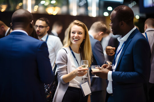 Delegates Networking At Conference Drinks Reception, Group Of Business People Talking At Networking Event Sharing And Discussing New Innovation At Business Conference